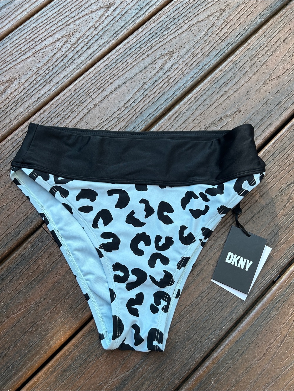 DKNY Black & Light Blue Leopard High Waisted Bikini Bottom